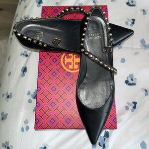 Stuart Weitzman Black Studded Leather Kitten Heels